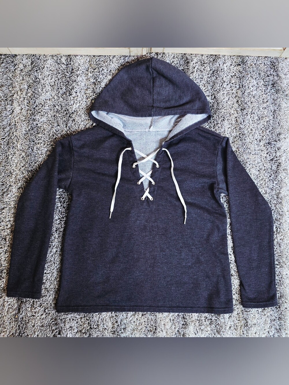 Coming Soon Classic Lace-Up Hooded Crewneck Sweater in Charcoal